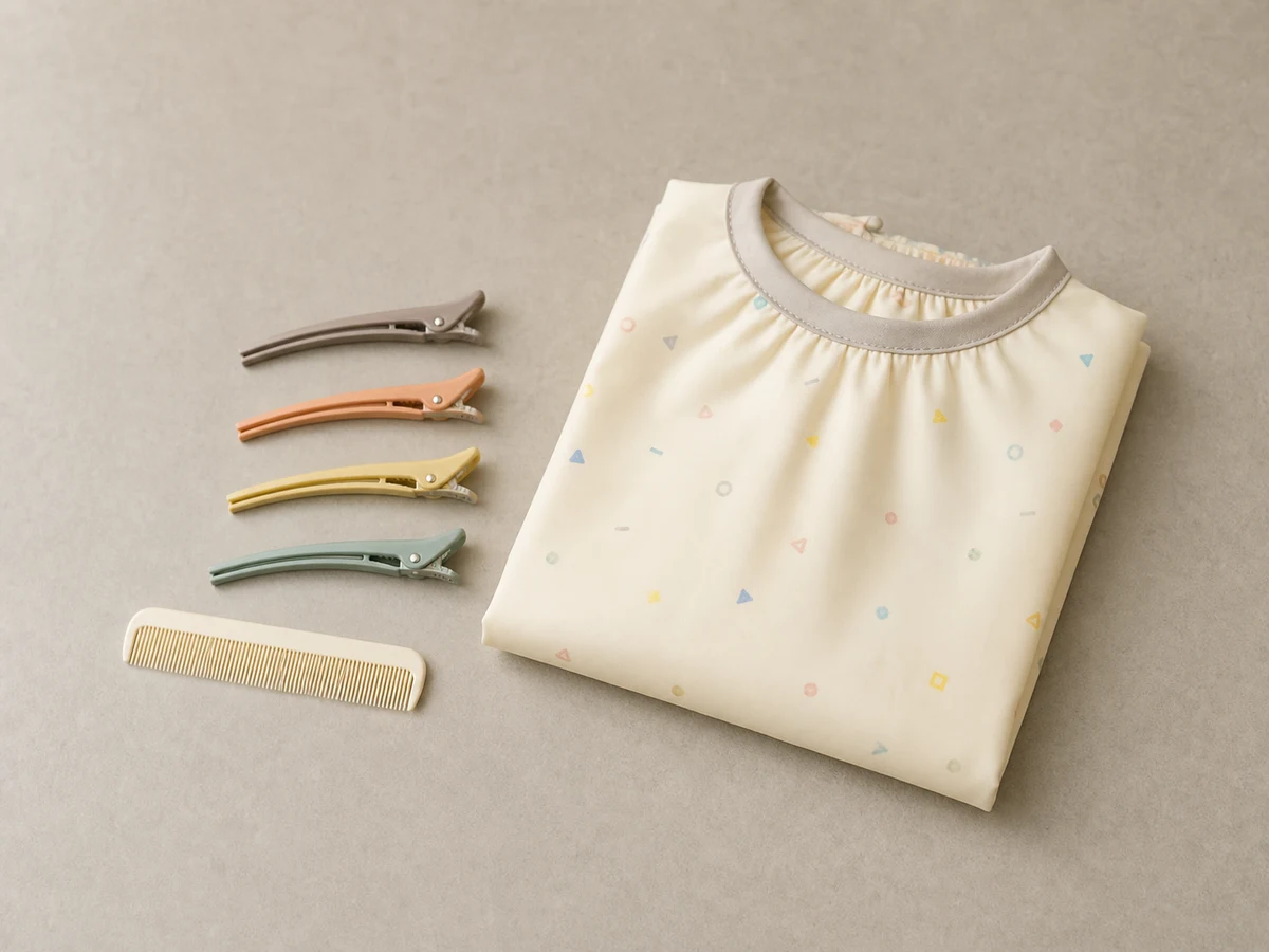 子ども用の小さなケープとクリップを並べた俯瞰