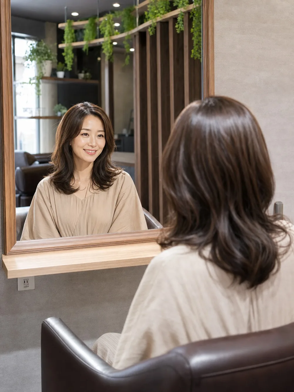 鏡越しに仕上がりを確認するお客様